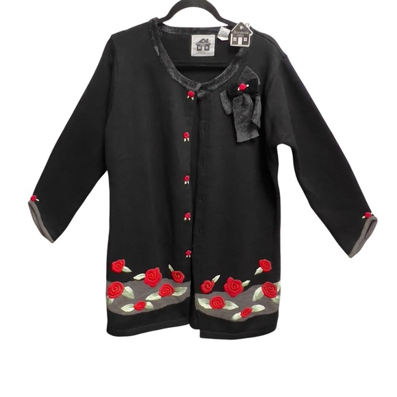 Storybook Knits Vintage Long Embroidered Rose Floral Teacher Cardigan Sweater - Picture 13 of 17